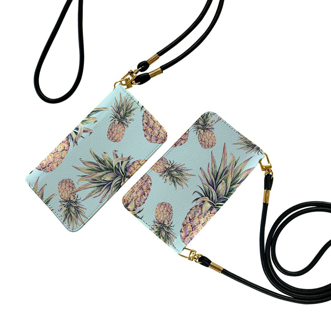 SHV42 AQUOS R2 アクオスアールツー au エーユー ストラップ付き ケース ショルダー スマホ 落下防止 手帳型 マグネット式 ピタッと閉まる スマホカバー 肩掛け 斜めかけ 012297 パイナップル　水色　夏