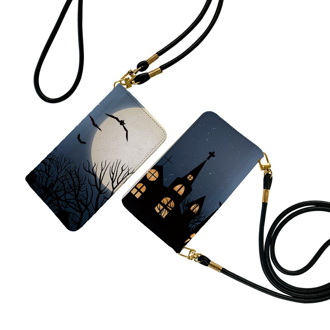 iPhone17 用 スマホカバー 各キャリア 共通対応 手帳型ケース ストラップ付き ショルダー スマホ 落下防止 手帳型 マグネット式 ピタッと閉まる スマホカバー 肩掛け 斜めかけ 012495 夜 ハロウィン 月