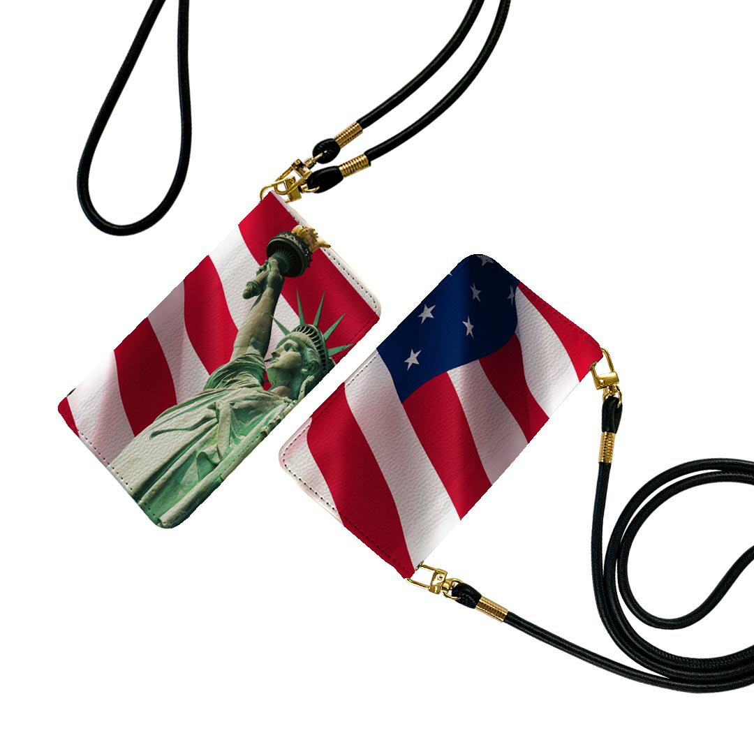iPhone11 6.1インチ ストラップ付き iphone11 ケース ショルダー スマホ 落下防止 手帳型 マグネット式 ピタッと閉まる スマホカバー 肩掛け 斜めかけ 012706 アメリカ 国旗 自由の女神