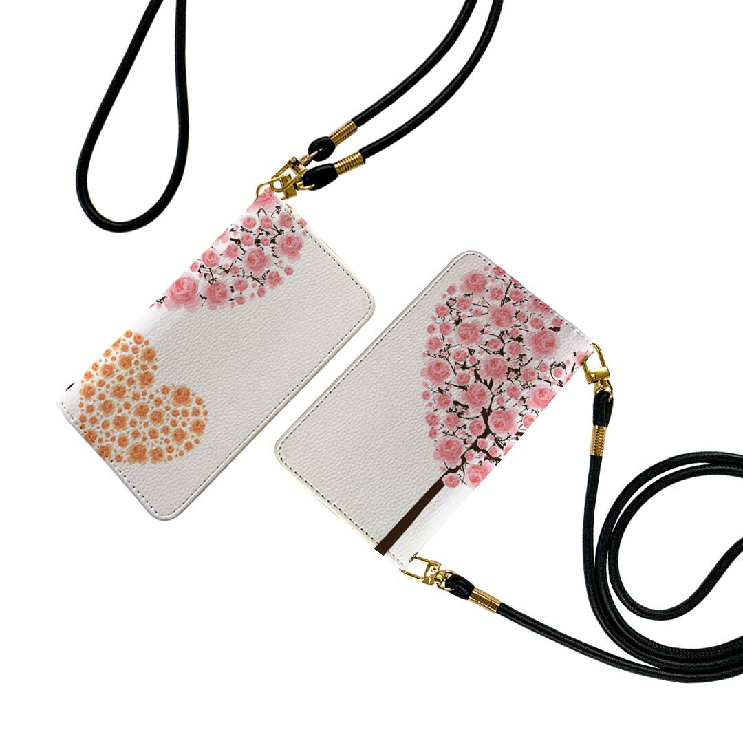 らくらくスマートフォン me F-01L ストラップ付き f01l ケース ショルダー スマホ 落下防止 手帳型 マグネット式 ピタッと閉まる スマホカバー 肩掛け 斜めかけ 012954 花 花束 木 ハート