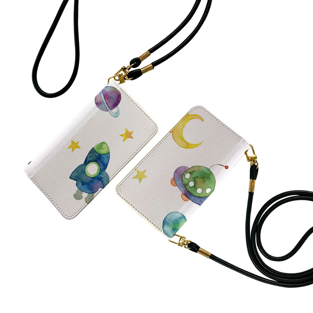 iPhone7 iphone 6/7/8 共通対応 ストラップ付き ケース ショルダー スマホ 落下防止 手帳型 マグネット式 ピタッと閉まる スマホカバー 肩掛け 斜めかけ 013192 宇宙　月　ポケット