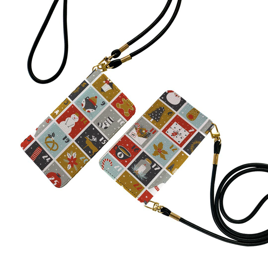 iPhone13 mini 5.4インチ 専用 各キャリア対応 手帳型ケース ストラップ付き ショルダー スマホ 落下防止 手帳型 マグネット式 ピタッと閉まる スマホカバー 肩掛け 斜めかけ 013402 雪だるま　サンタ　クリスマス(2.0)