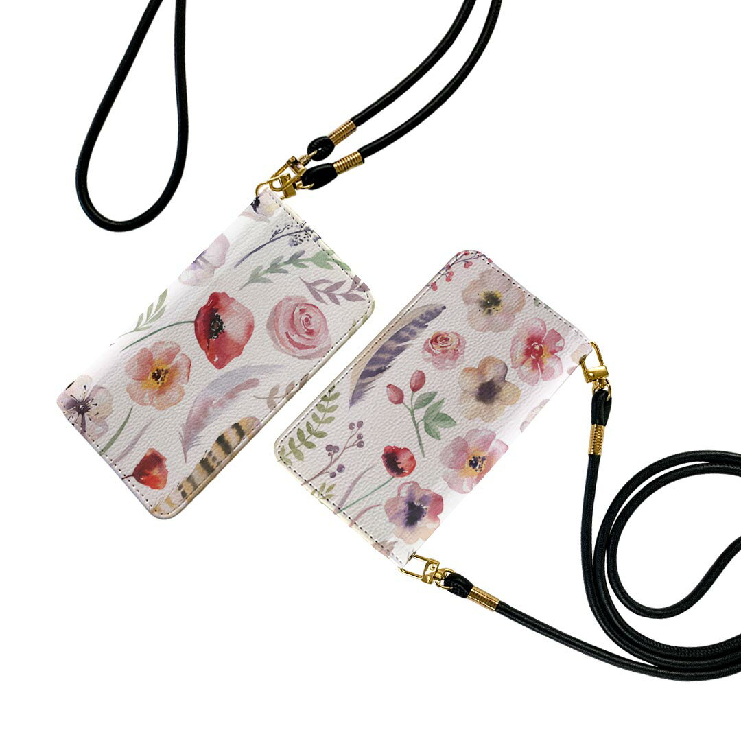 AQUOS wish5 用 SH-52F / SH-M32 共通対応 手帳型ケース ストラップ付き ショルダー sh52f スマホ 落下防止 手帳型 マグネット式 ピタッと閉まる スマホカバー 肩掛け 斜めかけ 013493 花　花柄　水彩