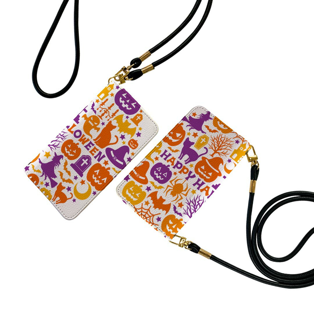 SHV39 AQUOS R アクオス R au エーユー ストラップ付き ケース ショルダー スマホ 落下防止 手帳型 マグネット式 ピタッと閉まる スマホカバー 肩掛け 斜めかけ 013580 ハロウィン　おばけ　蜘蛛