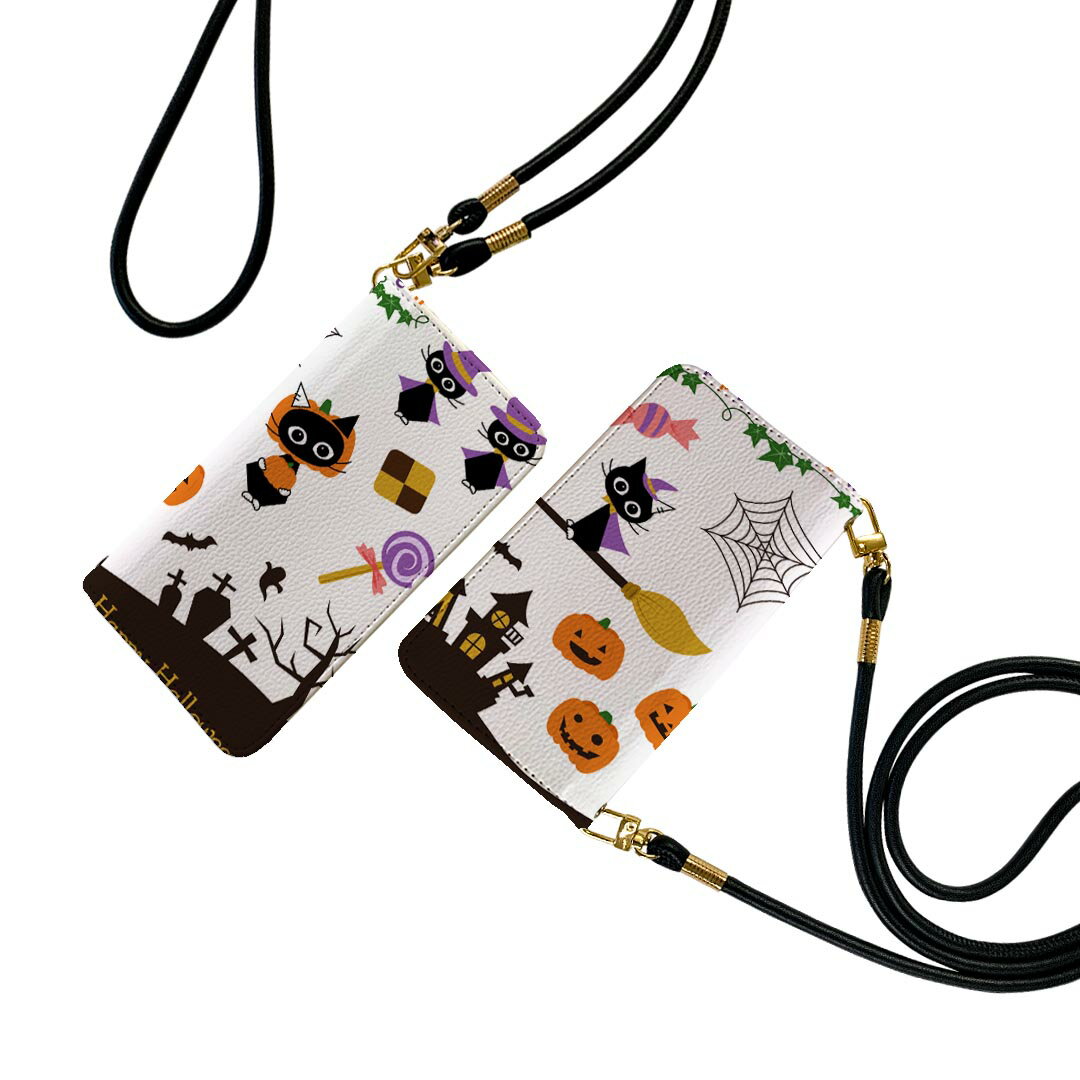 AQUOS sense7 SH-53C SHG10 用 共通対応 ケース カバー 手帳 sh53c ストラップ付き ケース ショルダー スマホ 落下防止 手帳型 マグネット式 ピタッと閉まる スマホカバー 肩掛け 斜めかけ 013842 ハロウィン　かぼちゃ　コウモリ