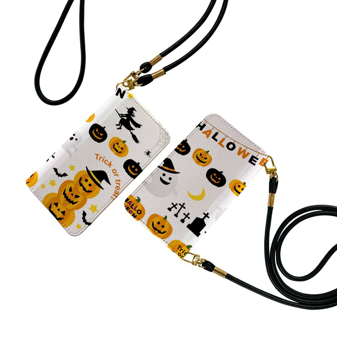 Galaxy A41 SC-41A ギャラクシー ストラップ付き sc41a ケース ショルダー スマホ 落下防止 手帳型 マグネット式 ピタッと閉まる スマホカバー 肩掛け 斜めかけ 013845 ハロウィン　かぼちゃ　おばけ