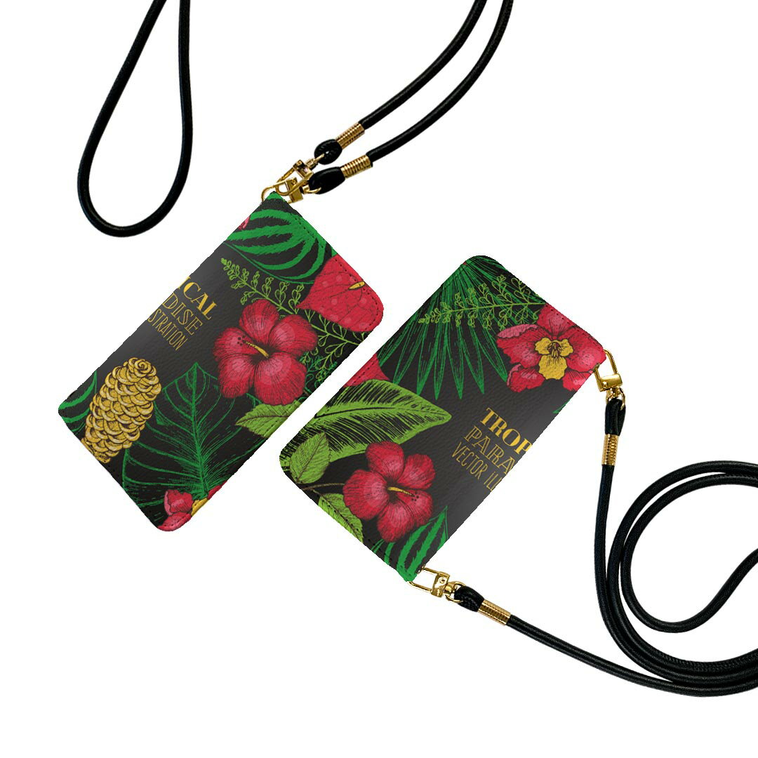 iPhone12 6.1インチ 専用 各キャリア iPhone 12 / iPhone12 Pro 共通対応 ストラップ付き ケース ショルダー スマホ 落下防止 手帳型 マグネット式 ピタッと閉まる スマホカバー 肩掛け 斜めかけ 013891 リーフ　夏　ハイビスカス