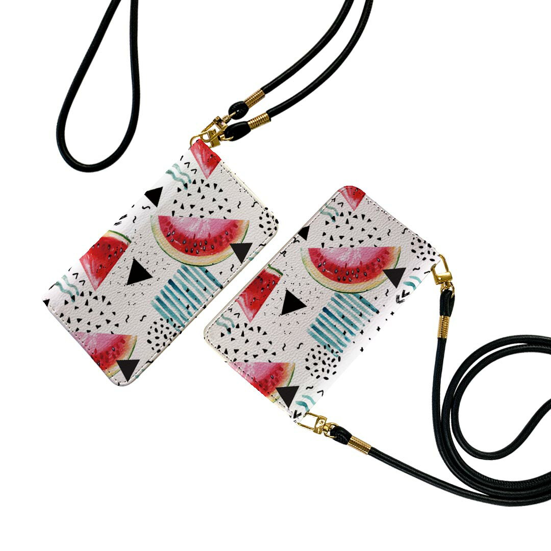 iPhone11Pro 5.8インチ iphone11 pro ストラップ付き ケース ショルダー スマホ 落下防止 手帳型 マグネット式 ピタッと閉まる スマホカバー 肩掛け 斜めかけ 014052 スイカ　模様　トロピカル(2.0)