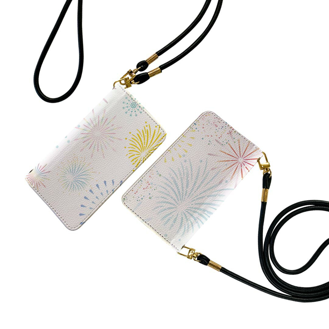 iPhone14pro 6.1インチ 専用 各キャリア iPhone14 Pro プロ 共通対応 ケース ショルダー スマホ 落下防止 手帳型 マグネット式 ピタッと閉まる スマホカバー 肩掛け 斜めかけ 014196 花火 カラフル