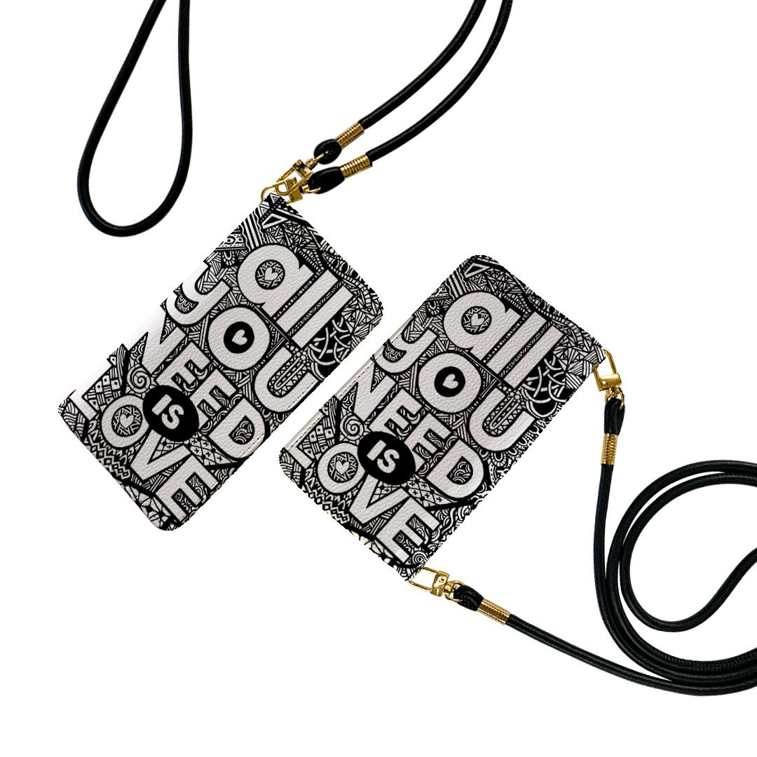 iPhone12 6.1インチ 専用 各キャリア iPhone 12 / iPhone12 Pro 共通対応 ストラップ付き ケース ショルダー スマホ 落下防止 手帳型 マグネット式 ピタッと閉まる スマホカバー 肩掛け 斜めかけ 014244 英語　文字　ハート