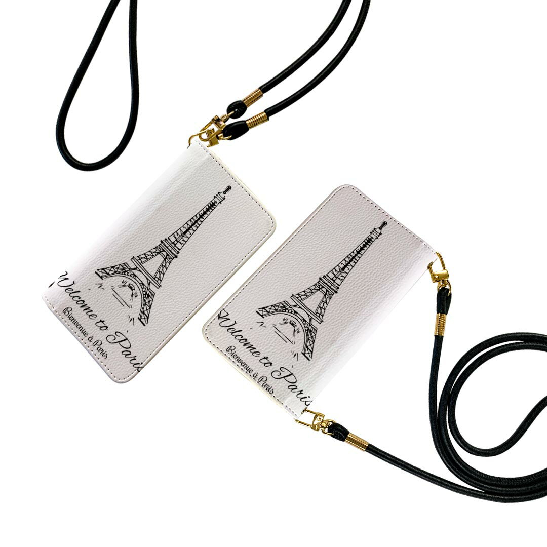 iPhone14pro 6.1インチ 専用 各キャリア iPhone14 Pro プロ 共通対応 ケース ショルダー スマホ 落下防止 手帳型 マグネット式 ピタッと閉まる スマホカバー 肩掛け 斜めかけ 014320 パリ　外国　塔(2.0)