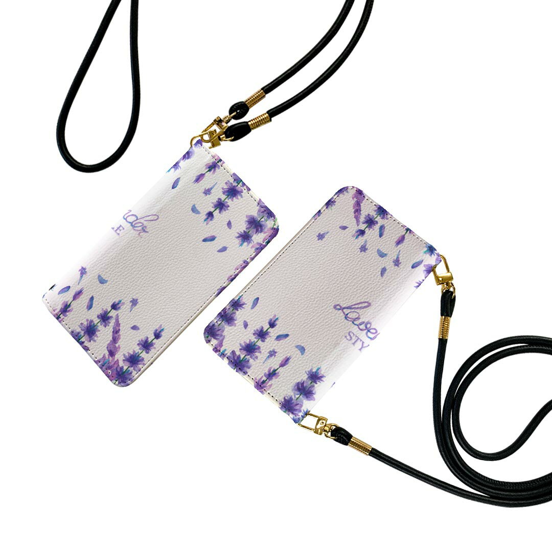 iPhone8 iphone 6/7/8 共通対応 アイフォーン ストラップ付き ケース ショルダー スマホ 落下防止 手帳型 マグネット式 ピタッと閉まる スマホカバー 肩掛け 斜めかけ 014330 花　　紫