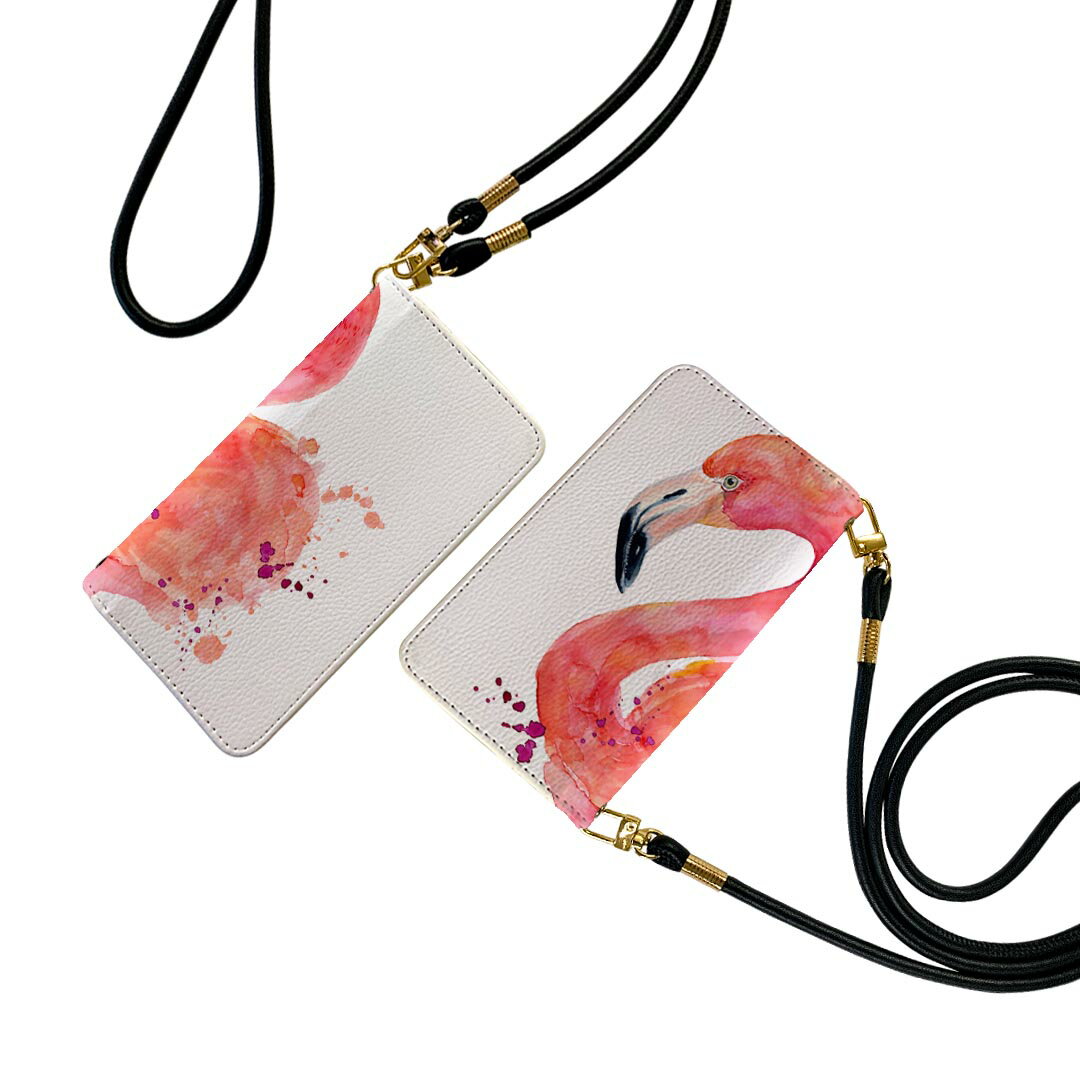 iPhone12 Pro Max 6.7インチ 専用 アイフォン12 iphone12promax 各キャリア対応 ストラップ付き ケース ショルダー スマホ 落下防止 手帳型 マグネット式 ピタッと閉まる スマホカバー 肩掛け 斜めかけ 014351 フラミンゴ　鳥　ピンク(2.0)