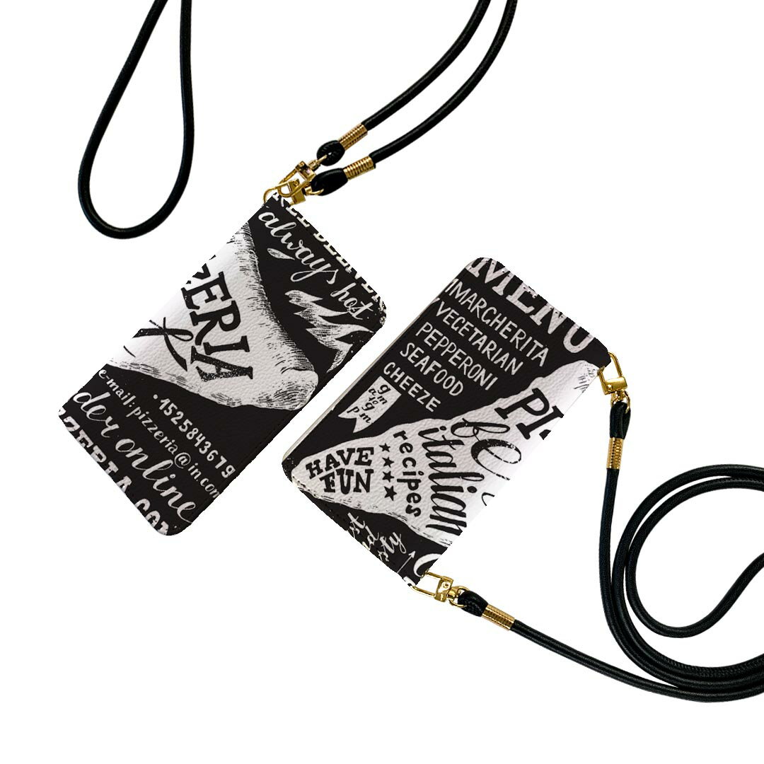 arrows 5G F-51A アローズ ストラップ付き f51a ケース ショルダー スマホ 落下防止 手帳型 マグネット式 ピタッと閉まる スマホカバー 肩掛け 斜めかけ 014484 カフェ　ピザ　メニュー