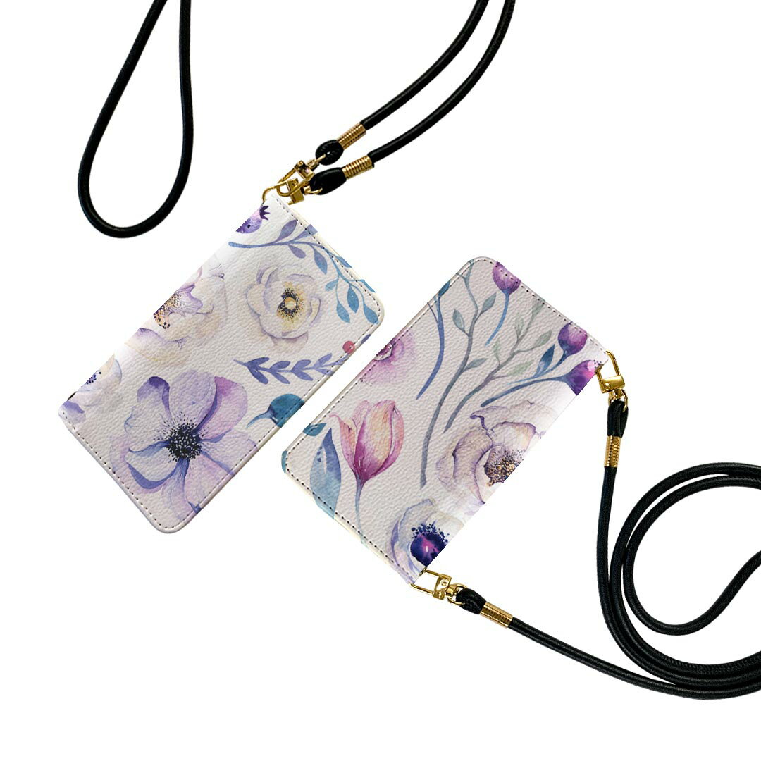 SHV40 AQUOS sense アクオスセンス ストラップ付き ケース ショルダー スマホ 落下防止 手帳型 マグネット式 ピタッと閉まる スマホカバー 肩掛け 斜めかけ 014580 花　　紫(2.0)