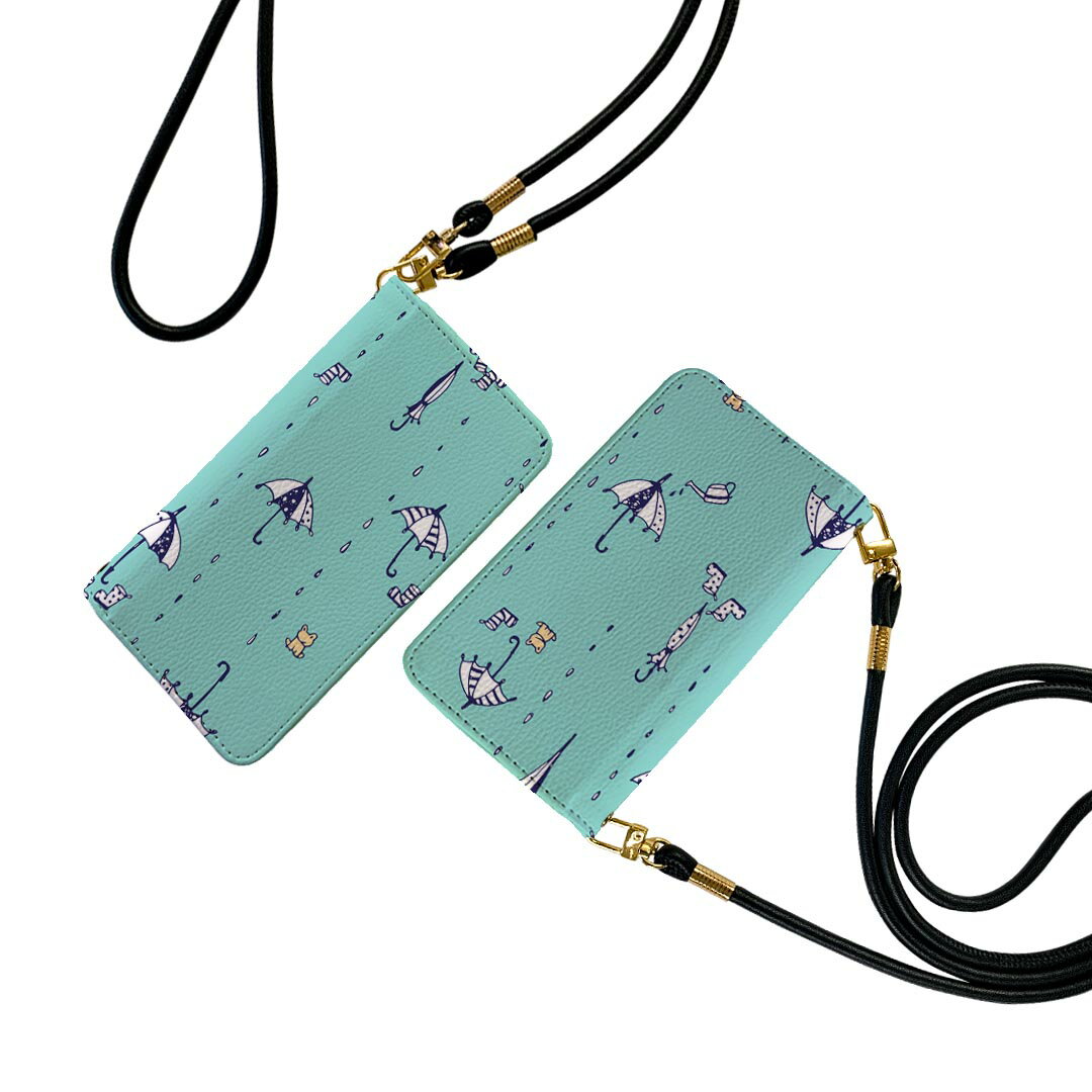 iPhone11 6.1インチ ストラップ付き iphone11 ケース ショルダー スマホ 落下防止 手帳型 マグネット式 ピタッと閉まる スマホカバー 肩掛け 斜めかけ 014635 雨 傘 イラスト