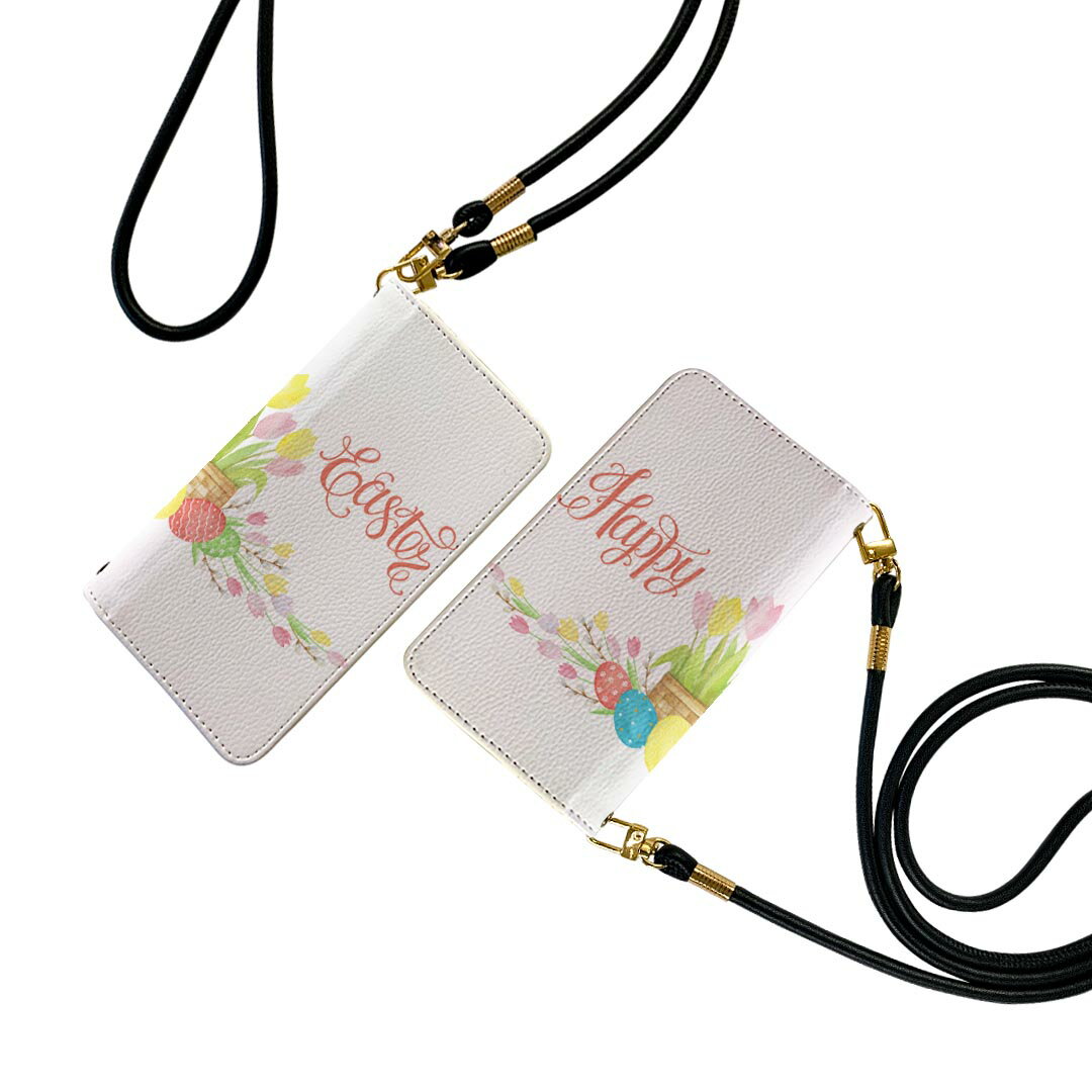 Arrows U 801FJ / Arrows J 901FJ 共通対応 ストラップ付き ケース ショルダー スマホ 落下防止 手帳型 マグネット式 ピタッと閉まる スマホカバー 肩掛け 斜めかけ 015394 1 イースター たまご とり うさぎ パステル