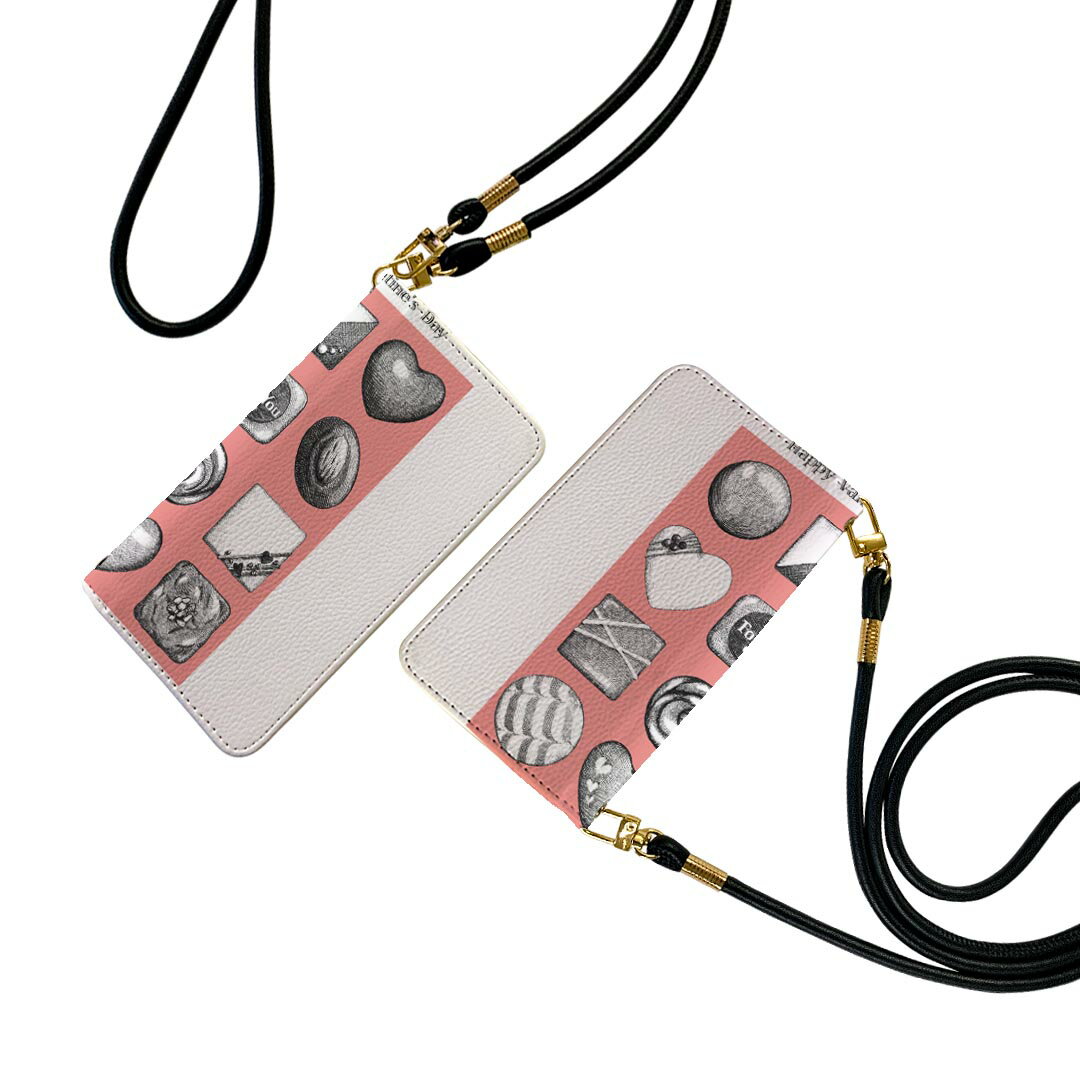 Galaxy S23 SC-51D SCG19 用 ケース カバー 手帳 sc51d 共通対応 ストラップ付き ケース ショルダー スマホ 落下防止 手帳型 マグネット式 ピタッと閉まる スマホカバー 肩掛け 斜めかけ 015397 ハート　チョコ　ピンク