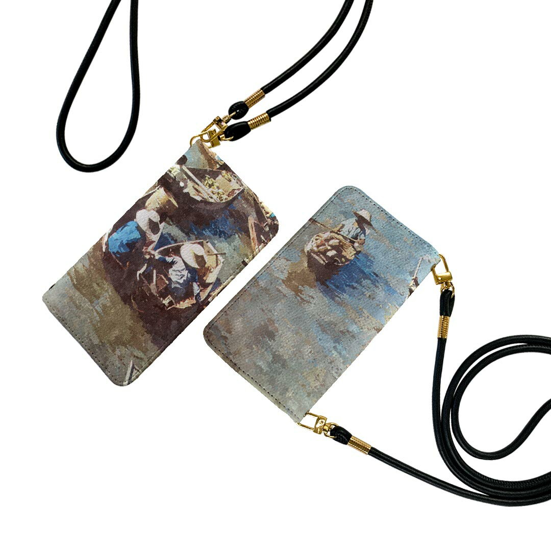 シンプルスマホ5 A001SH ストラップ付き ケース ショルダー スマホ 落下防止 手帳型 マグネット式 ピタッと閉まる スマホカバー 肩掛け 斜めかけ 015748 水彩　絵　船