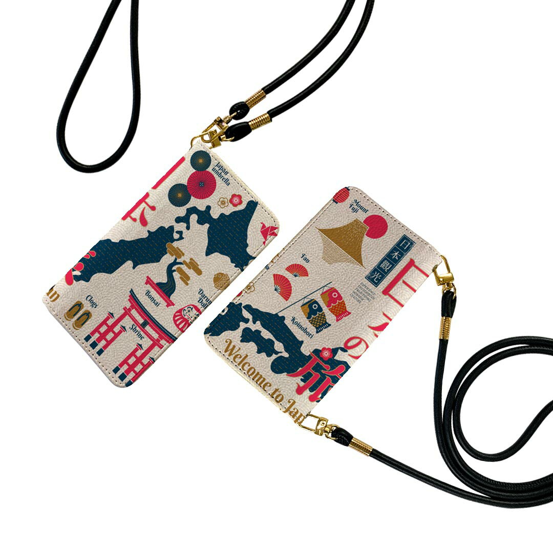 iPhone15 6.1インチ 専用 各キャリア iPhone 15 共通対応 ストラップ付き ケース ショルダー スマホ 落下防止 手帳型 マグネット式 ピタッと閉まる スマホカバー 肩掛け 斜めかけ 015761 日本　地図(2.0)