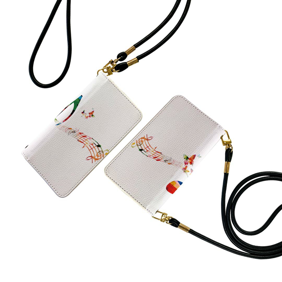 Galaxy A22 5G SC-56B ギャラクシー ストラップ付き sc56b ケース ショルダー スマホ 落下防止 手帳型 マグネット式 ピタッと閉まる スマホカバー 肩掛け 斜めかけ 015812 音楽　蝶　カラフル