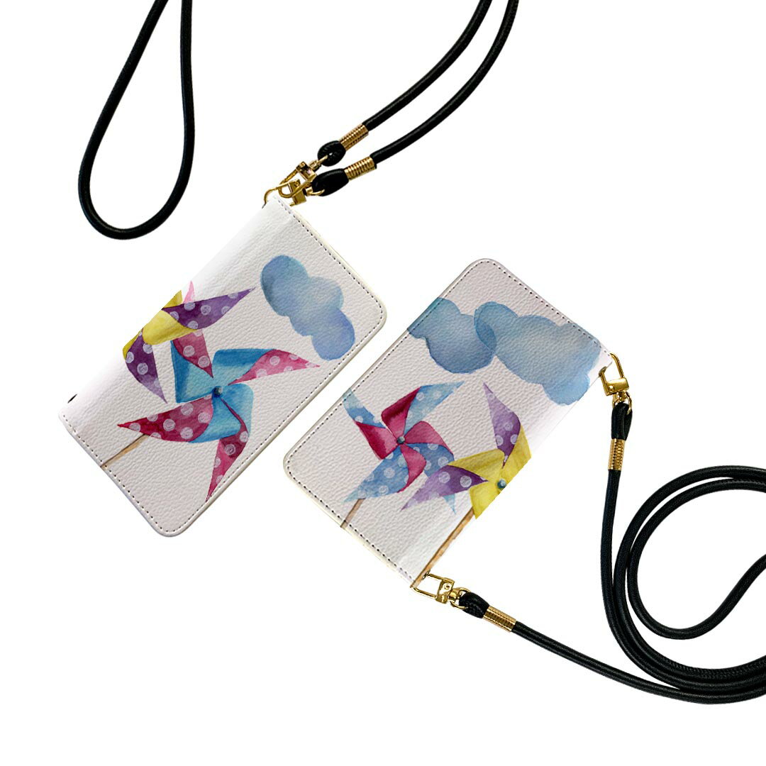 Galaxy S20 Plus 5G 専用 ケース SC-52A ストラップ付き sc52a ショルダー スマホ 落下防止 手帳型 マグネット式 ピタッと閉まる スマホカバー 肩掛け 斜めかけ 015868 風車　雲　かわいい