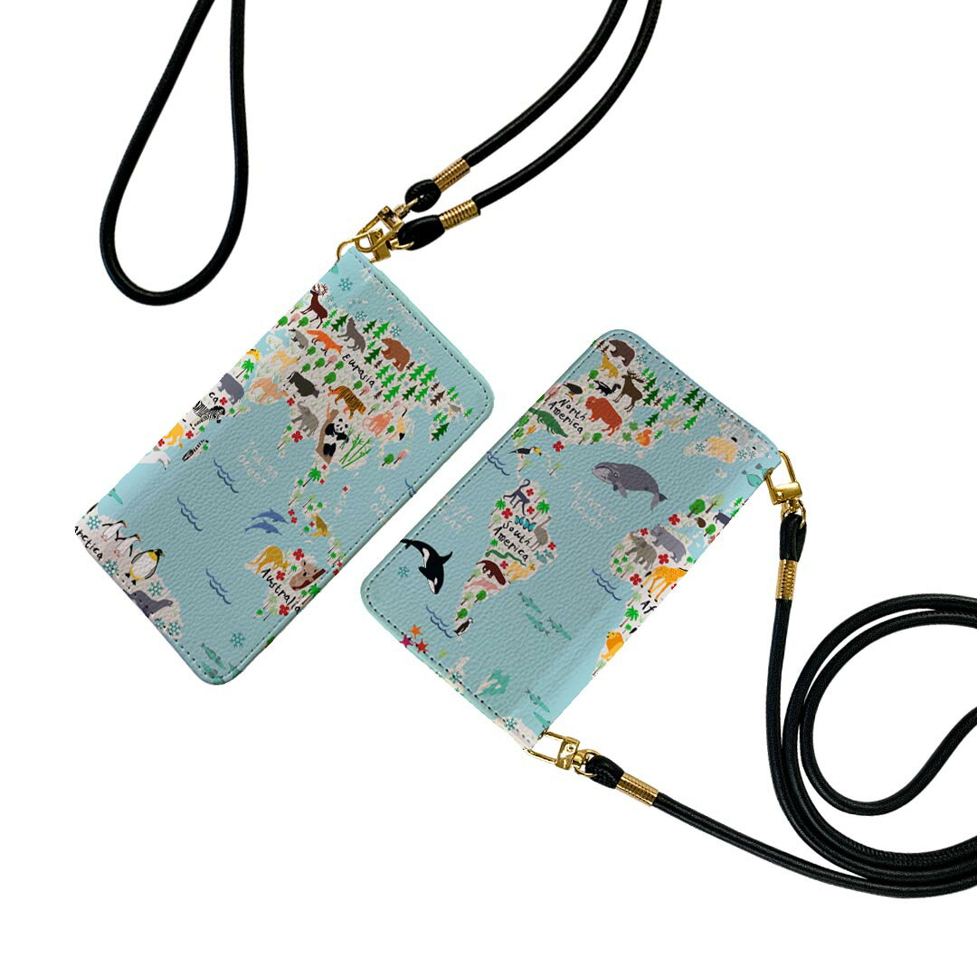 AQUOS sense7 SH-53C SHG10 用 共通対応 ケース カバー 手帳 sh53c ストラップ付き ケース ショルダー スマホ 落下防止 手帳型 マグネット式 ピタッと閉まる スマホカバー 肩掛け 斜めかけ 015983 世界地図 動物 map