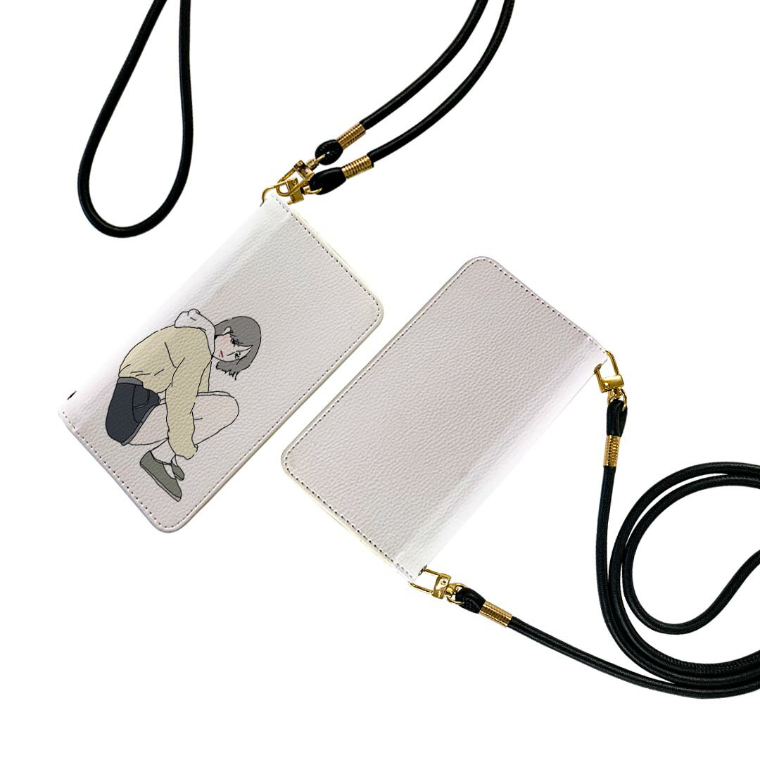 商品特徴・ショルダー付き手帳型スマホケース・シームレスな全面デザイン（内側は落ち着いたオフホワイト）・外側は高品質の人工革を使用・内側にはスマホを装着するケースが付属・機種専用のカメラホール仕様でケースを装着したままの撮影が可能・ワンセグや...