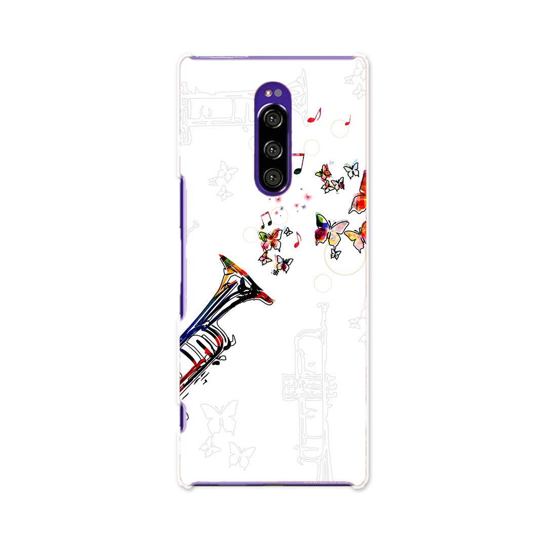 SOV40 Xperia 1 エクスペリア ワン au エーユー sov40 ケース スマホケース スマホカバー PC ハードケース 008001 カラフル　蝶　ラッパ　楽器