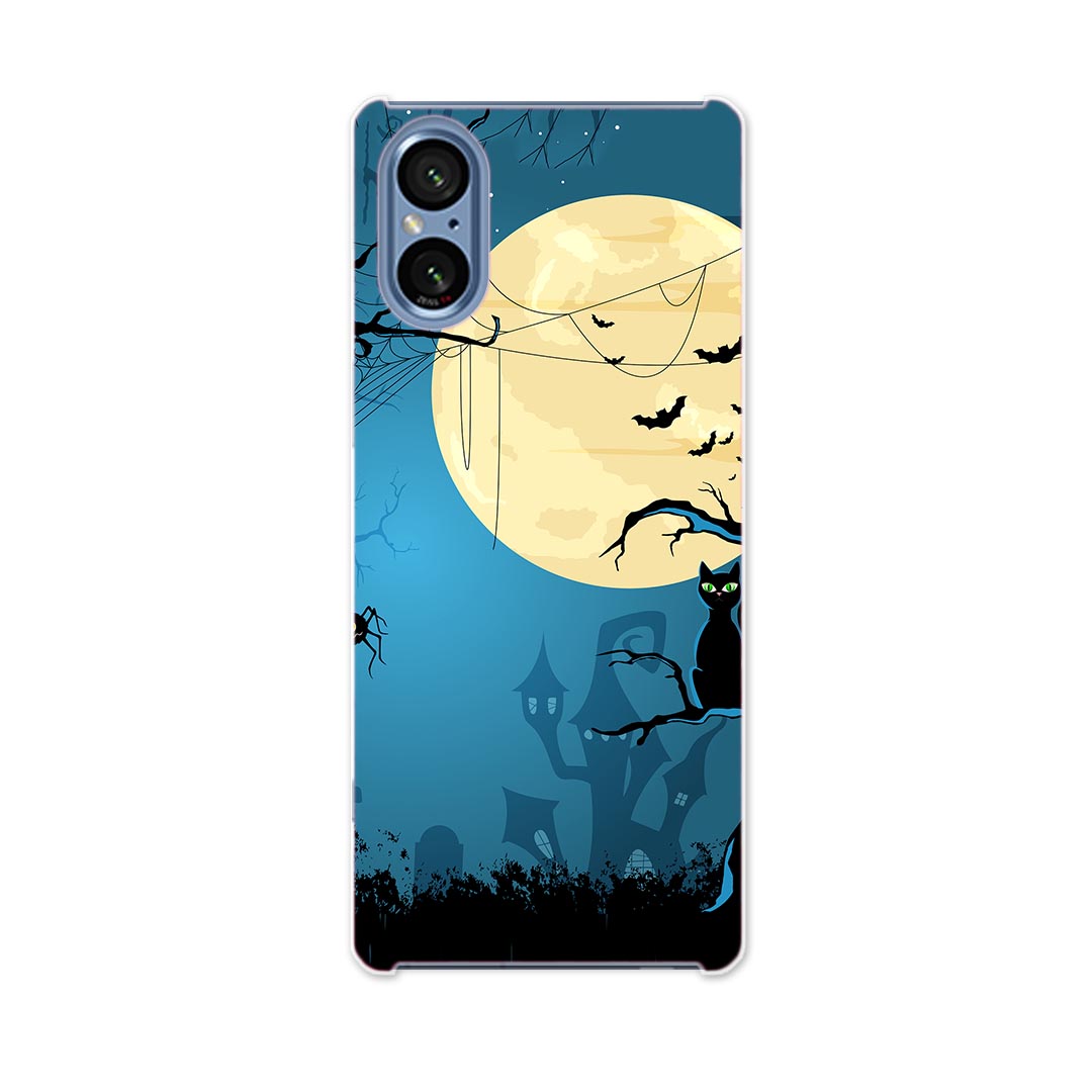 SONY Xperia 5 V 用 Xperia 5 V SO-53D SOG12 XQ-DE44 用 ハードケース 000061 ハロウィン 夜 猫 クモ