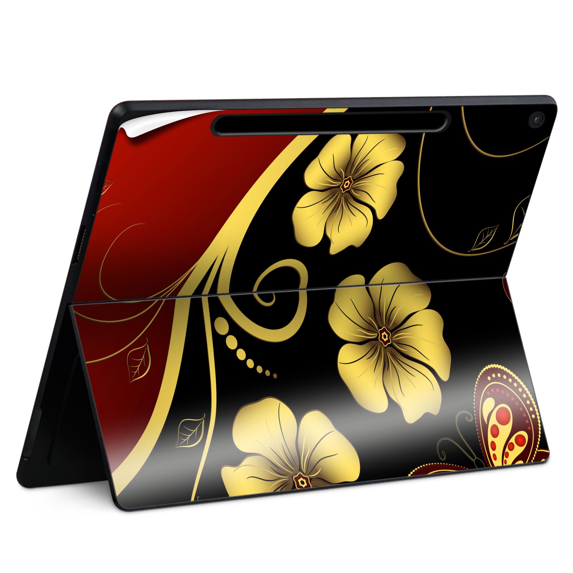 Surface Pro 12 インチ (2025) 用 スキンシール 全面スキンシール フル SurfacePro12 用 背面 底 ステッカー 保護シール 高品質再剥離性シート キャラクター かわいい 023396 女性　顔　人物 002755 花　蝶　赤　黒