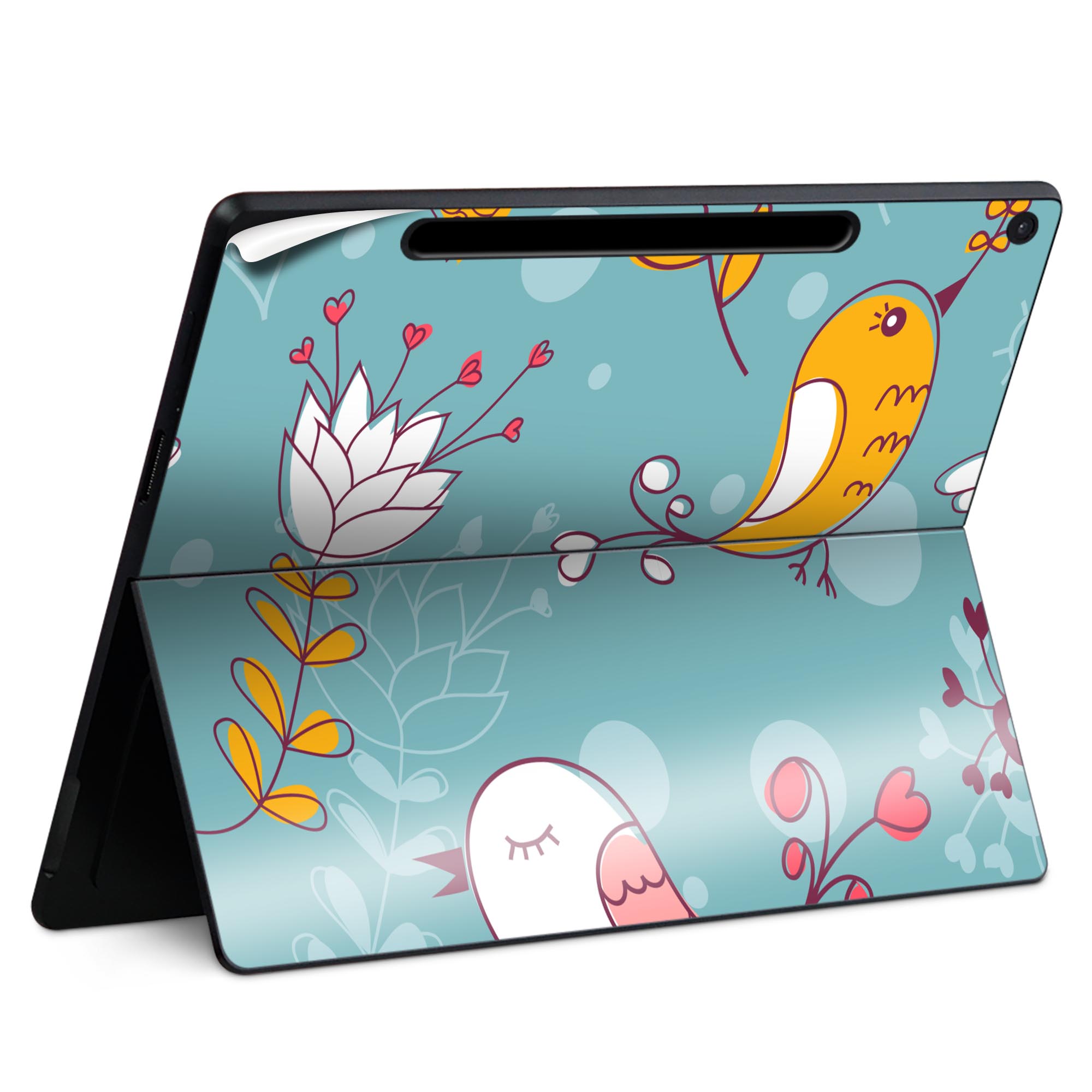 Surface Pro 12 インチ (2025) 用 スキンシール 全面スキンシール フル SurfacePro12 用 背面 底 ステッカー 保護シール 高品質再剥離性シート キャラクター かわいい 023396 女性 顔 人物 004008 鳥 ハート 花 カラフル