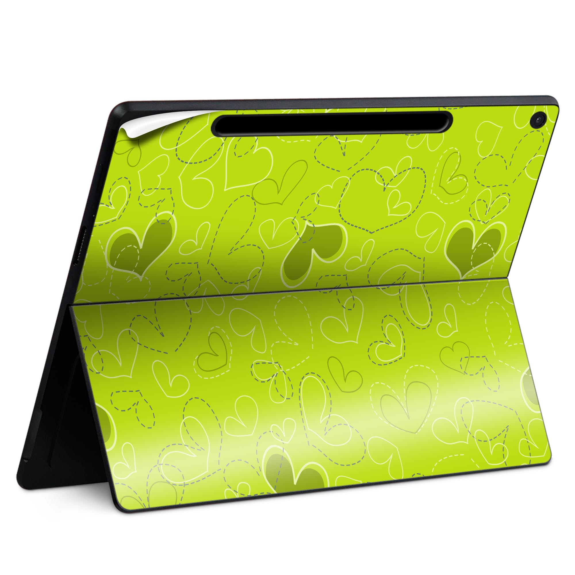 Surface Pro 12 インチ (2025) 用 スキンシール 全面スキンシール フル SurfacePro12 用 背面 底 ステッカー 保護シール 高品質再剥離性シート キャラクター かわいい 023396 女性 顔 人物 005022 緑 ハート イラスト
