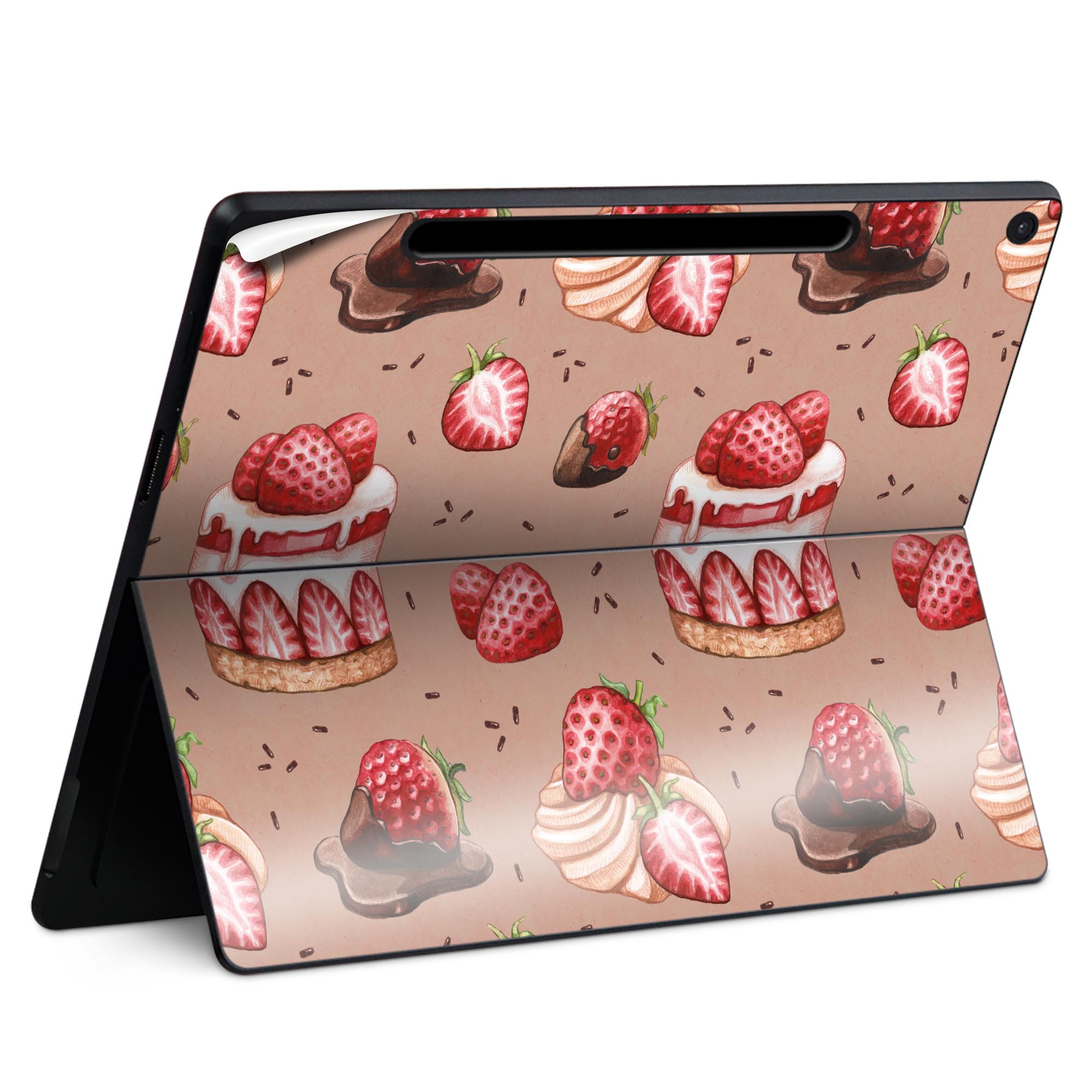 Surface Pro 12 インチ (2025) 用 スキンシール 全面スキンシール フル SurfacePro12 用 背面 底 ステッカー 保護シール 高品質再剥離性シート キャラクター かわいい 023396 女性 顔 人物 005544 ケーキ 苺 イラスト