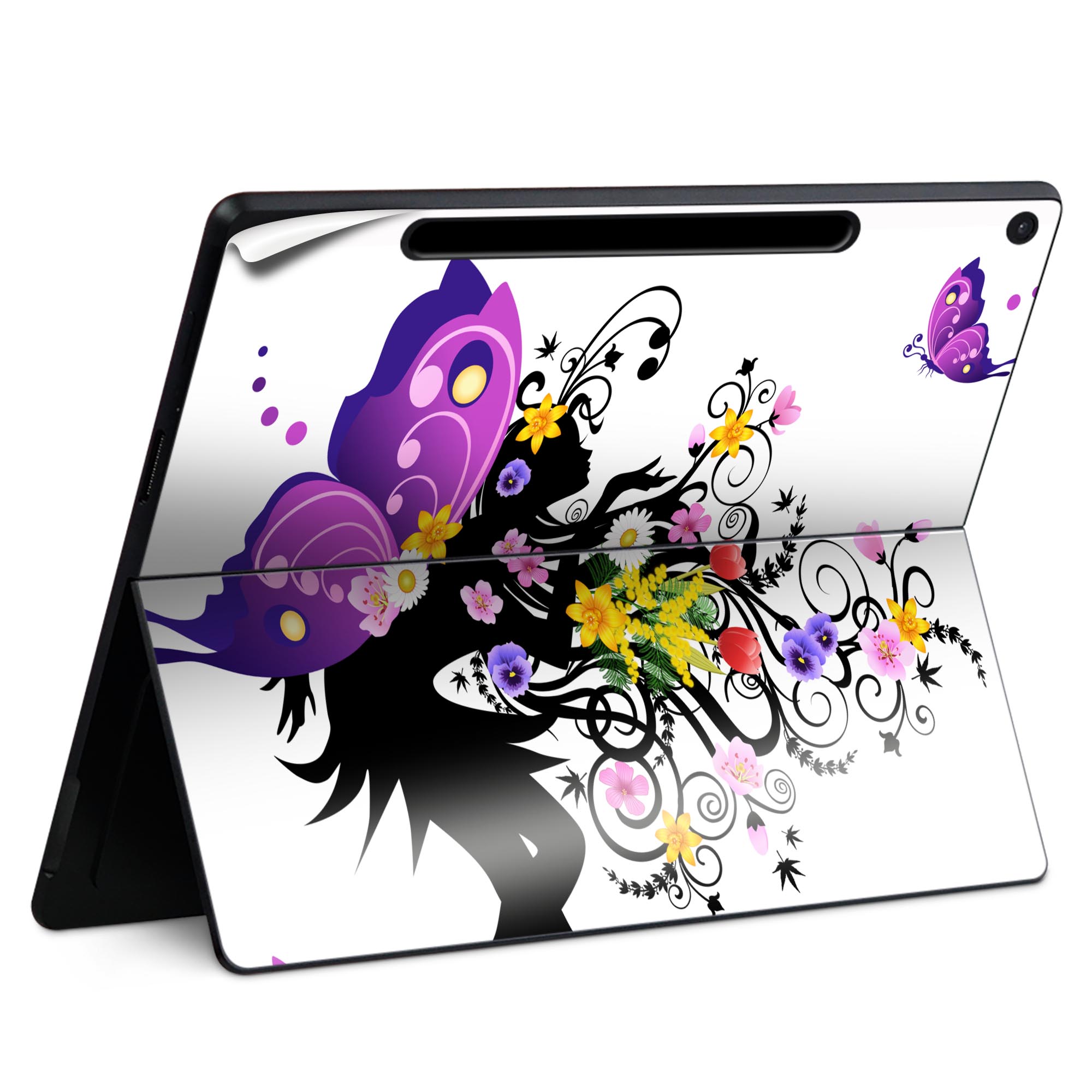 Surface Pro 12 インチ (2025) 用 スキンシール 全面スキンシール フル SurfacePro12 用 背面 底 ステッカー 保護シール 高品質再剥離性シート キャラクター かわいい 023396 女性　顔　人物 007221 蝶　人物　カラフル