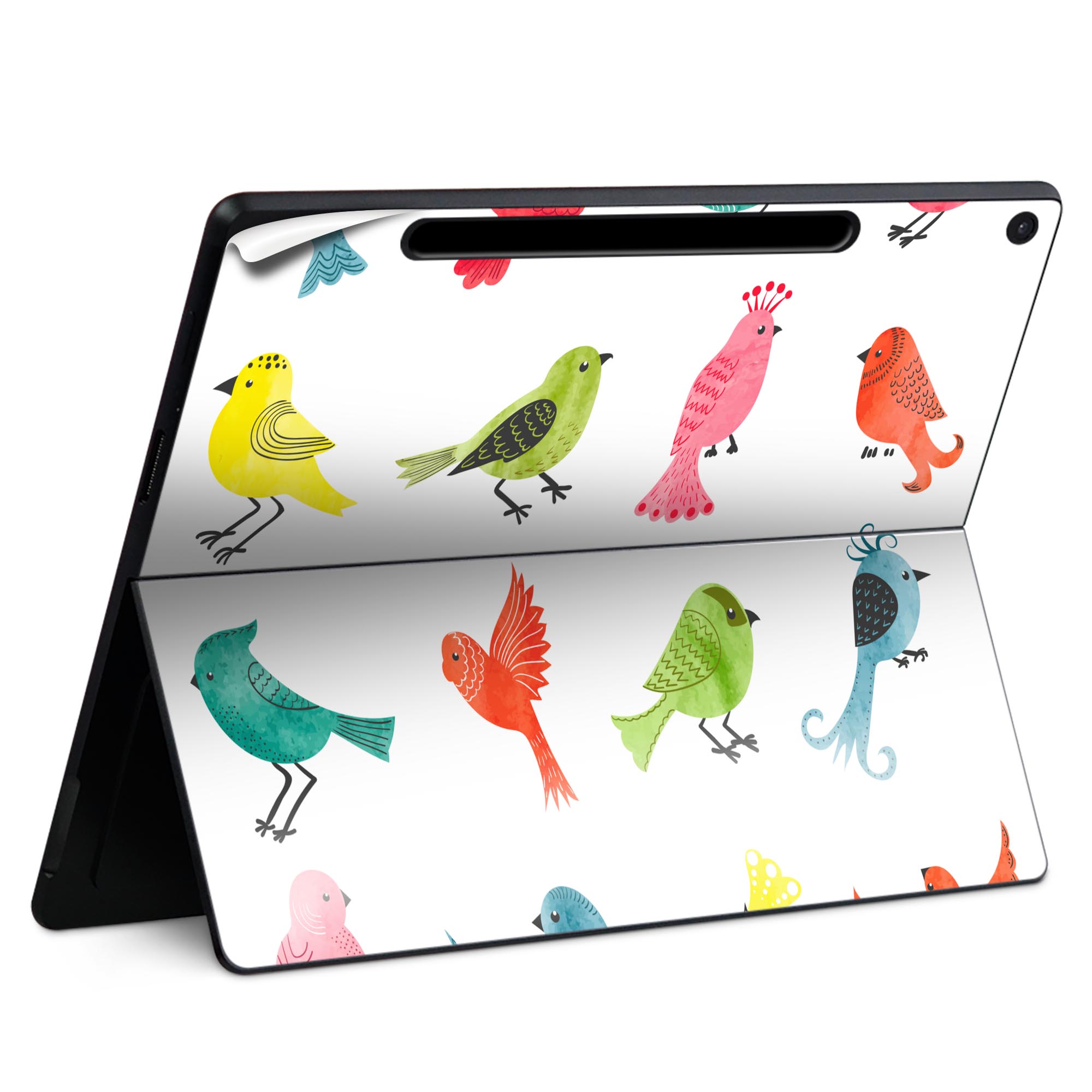 Surface Pro 12 インチ (2025) 用 スキンシール 全面スキンシール フル SurfacePro12 用 背面 底 ステッカー 保護シール 高品質再剥離性シート キャラクター かわいい 023396 女性　顔　人物 015928 とり　鳥　カラフル