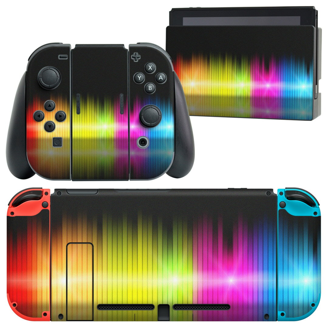 igsticker Nintendo Switch 用 デザインスキンシール 任天堂 ニンテンドー スイッチ 専用 本体ドック Joy-Con Joycon ジョイコン 専用 ゲーム機 カバー アクセサリー フィルム ステッカー 000084 虹色 黒