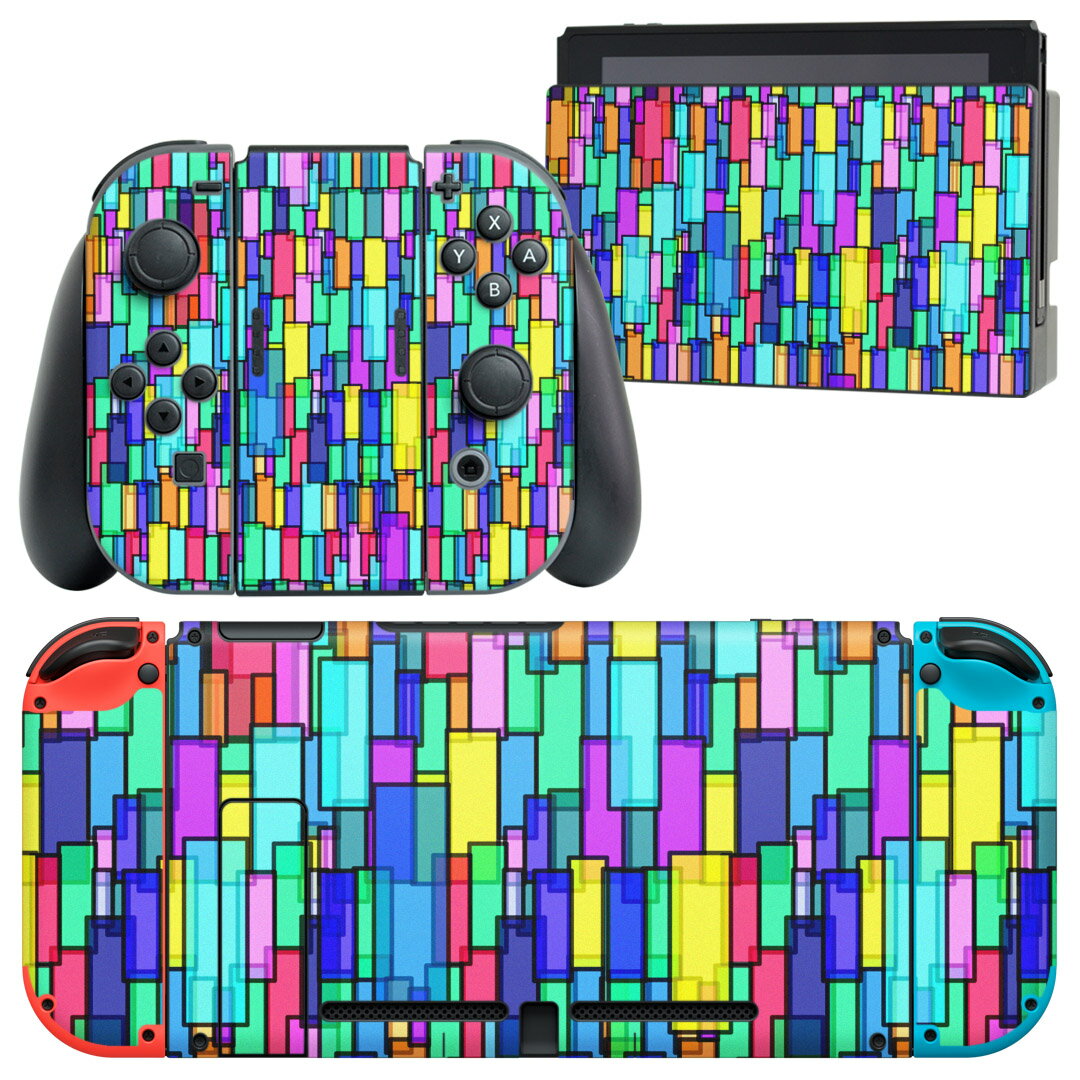 igsticker Nintendo Switch 用 デザインスキンシール 任天堂 ニンテンドー スイッチ 専用 本体ドック Joy-Con Joycon ジョイコン 専用 ゲーム機 カバー アクセサリー フィルム ステッカー 000103 カラフル タイル 模様