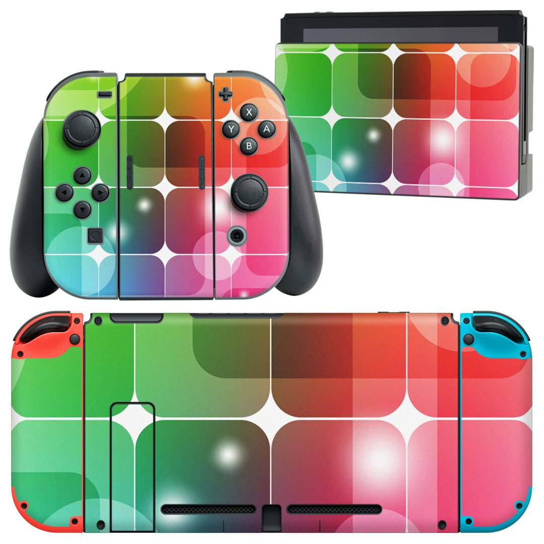 igsticker Nintendo Switch 用 デザインスキンシール 任天堂 ニンテンドー スイッチ 専用 本体ドック Joy-Con Joycon ジョイコン 専用 ゲーム機 カバー アクセサリー フィルム ステッカー 000119 虹色 四角 タイル