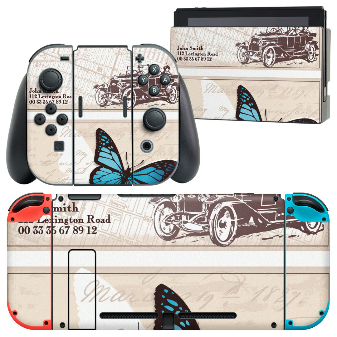 igsticker Nintendo Switch 用 デザインスキンシール 任天堂 ニンテンドー スイッチ 専用 本体ドック Joy-Con Joycon ジョイコン 専用 ゲーム機 カバー アクセサリー フィルム ステッカー 000145 クール 蝶　はがき　茶色