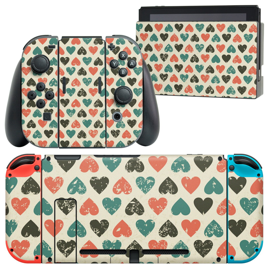 igsticker Nintendo Switch 用 デザインスキンシール 任天堂 ニンテンドー スイッチ 専用 本体ドック Joy-Con Joycon ジョイコン 専用 ゲーム機 カバー アクセサリー フィルム ステッカー 000232 ハート 模様