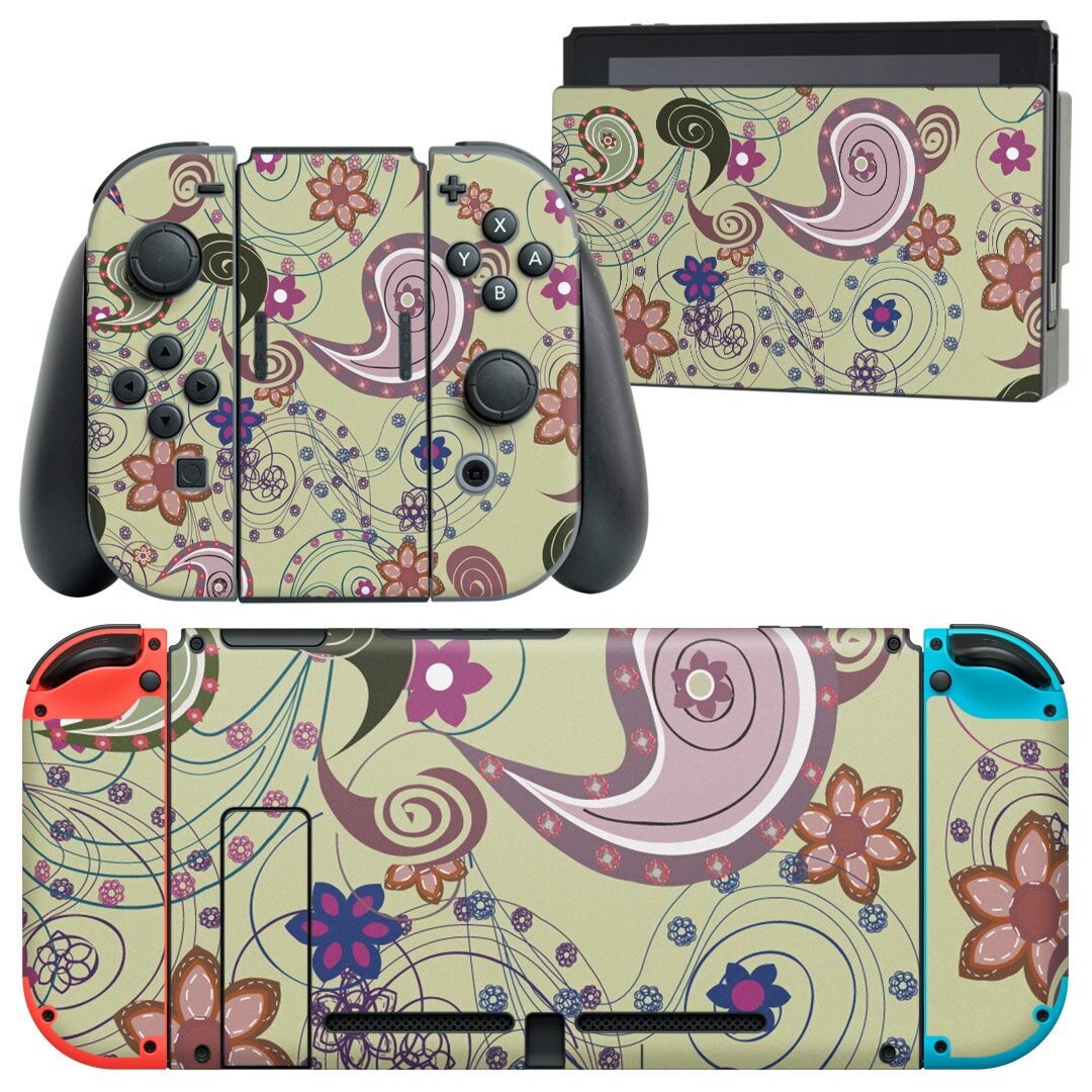 igsticker Nintendo Switch 用 デザインスキンシール 任天堂 ニンテンドー スイッチ 専用 本体ドック Joy-Con Joycon ジョイコン 専用 ゲーム機 カバー アクセサリー フィルム ステッカー 000794 ペイズリー 花