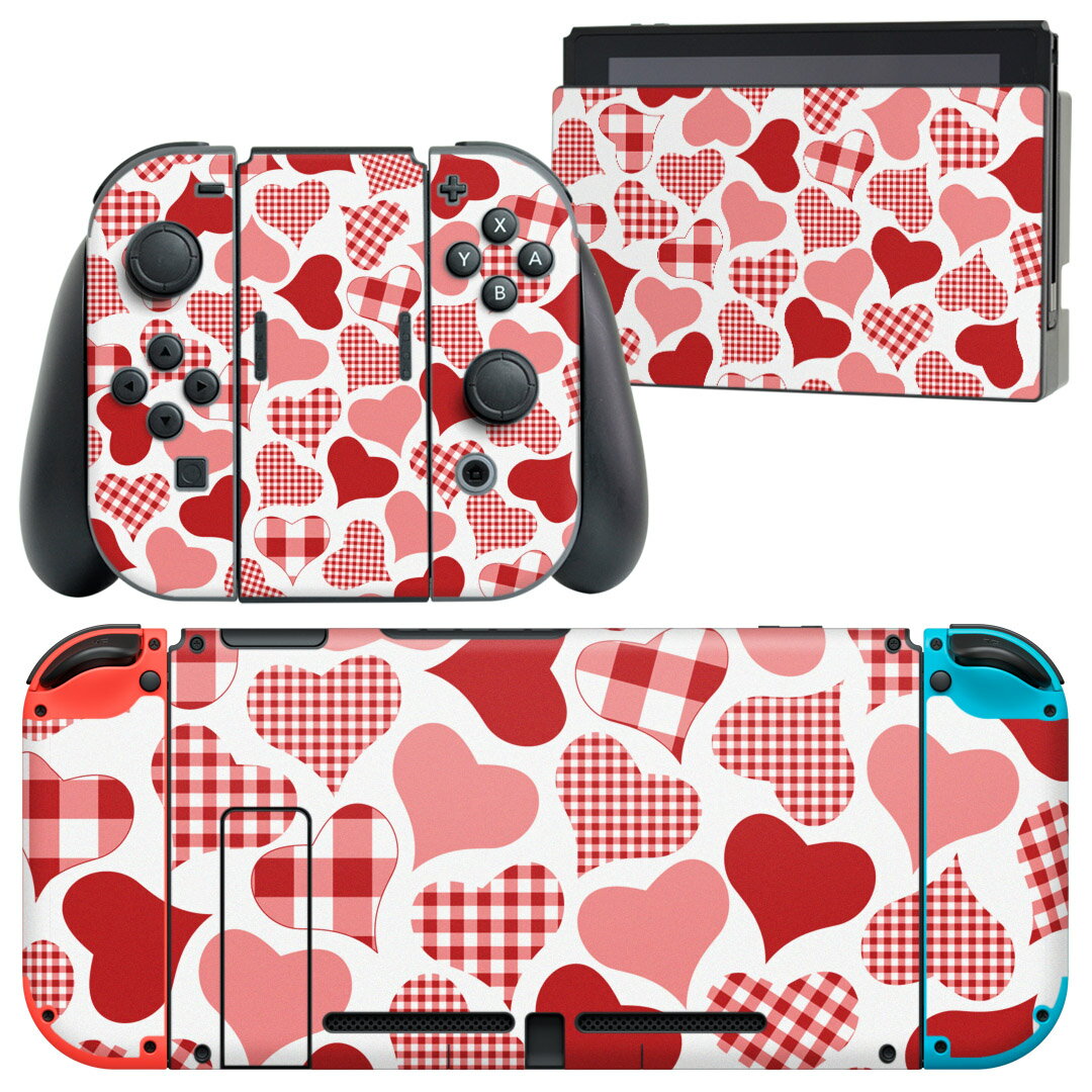 igsticker Nintendo Switch 用 デザインスキンシール 任天堂 ニンテンドー スイッチ 専用 本体ドック Joy-Con Joycon ジョイコン 専用 ゲーム機 カバー アクセサリー フィルム ステッカー 000831 ハート チェック