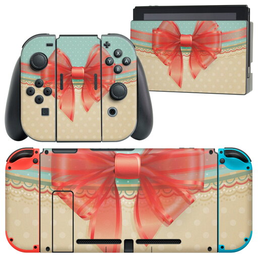 igsticker Nintendo Switch 用 デザインスキンシール 任天堂 ニンテンドー スイッチ 専用 本体ドック Joy-Con Joycon ジョイコン 専用 ゲーム機 カバー アクセサリー フィルム ステッカー 000901 リボン ドット