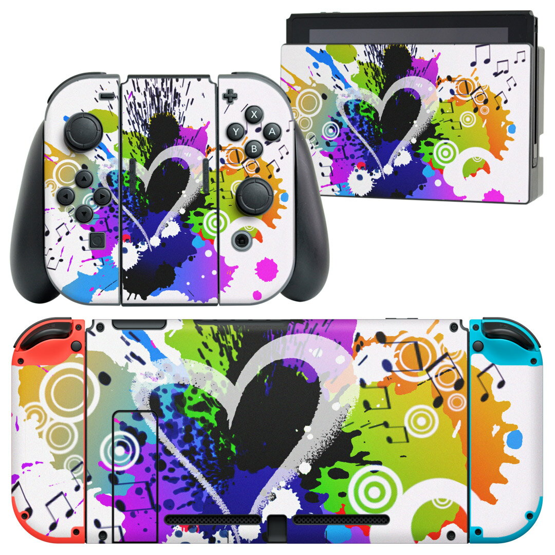 igsticker Nintendo Switch 用 デザインスキンシール 任天堂 ニンテンドー スイッチ 専用 本体ドック Joy-Con Joycon ジョイコン 専用 ゲーム機 カバー アクセサリー フィルム ステッカー 000913 ハート 音符