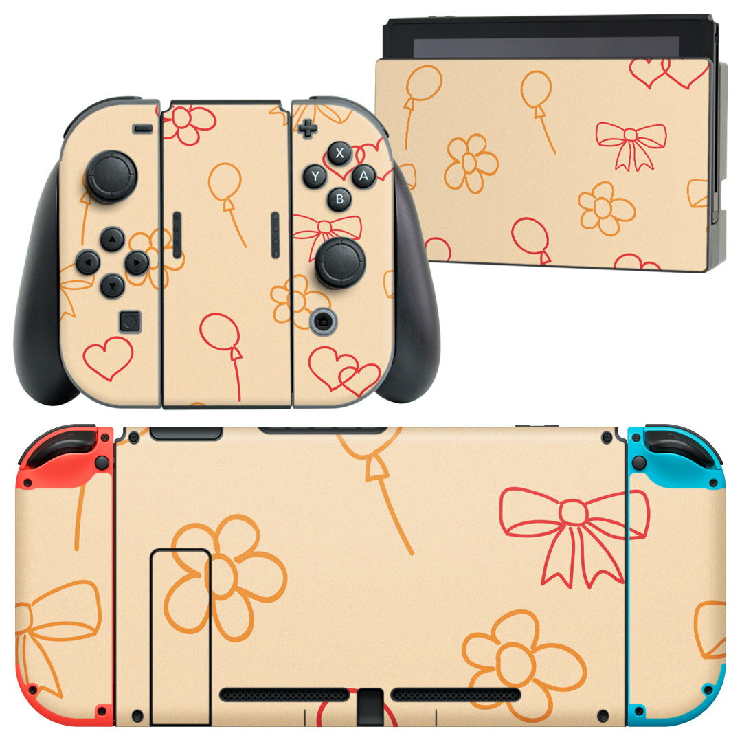 igsticker Nintendo Switch 用 デザインスキンシール 任天堂 ニンテンドー スイッチ 専用 本体ドック Joy-Con Joycon ジョイコン 専用 ゲーム機 カバー アクセサリー フィルム ステッカー 001133 リボン　風船　花