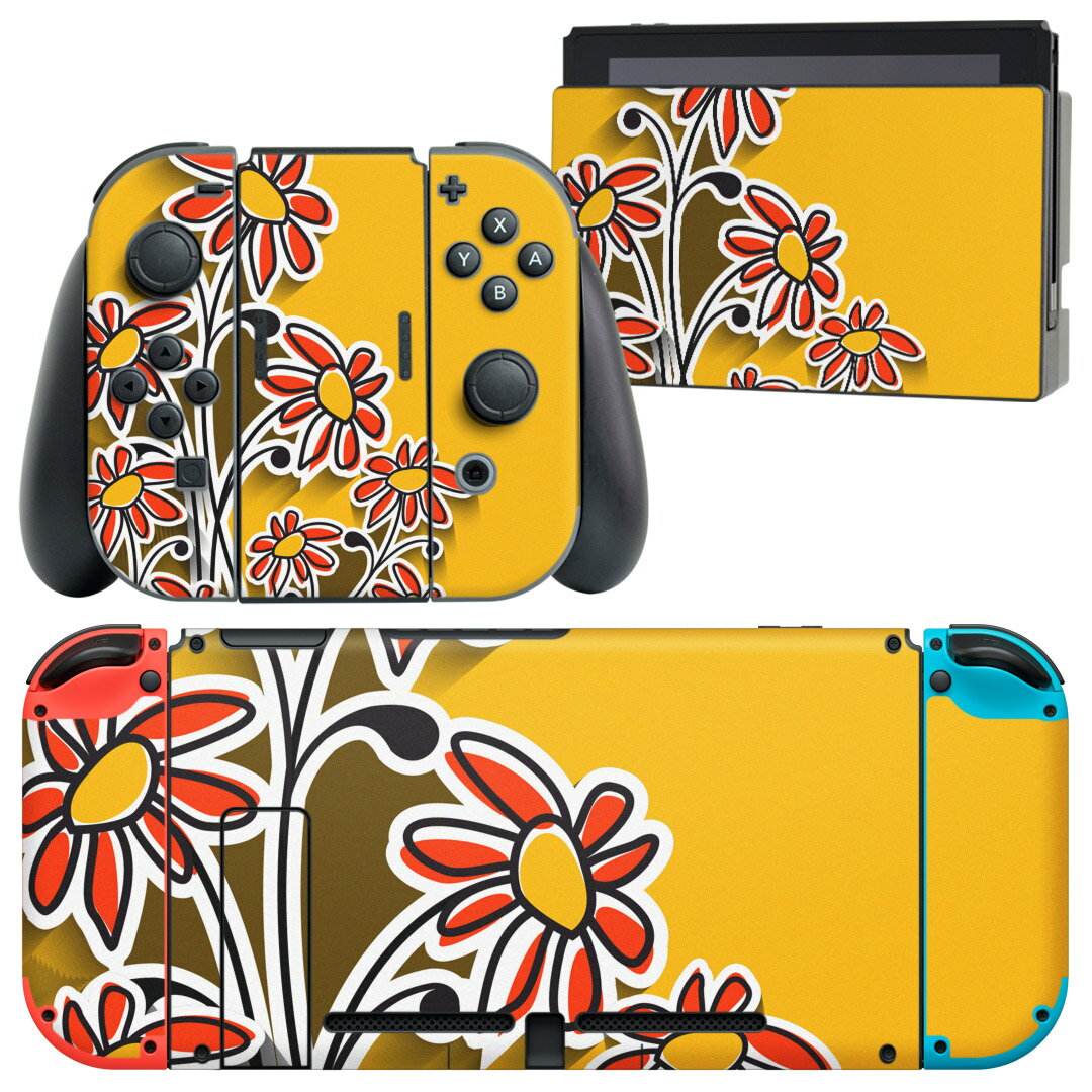 igsticker Nintendo Switch 用 デザインスキンシール 任天堂 ニンテンドー スイッチ 専用 本体ドック Joy-Con Joycon ジョイコン 専用 ゲーム機 カバー アクセサリー フィルム ステッカー 001235 花　オレンジ