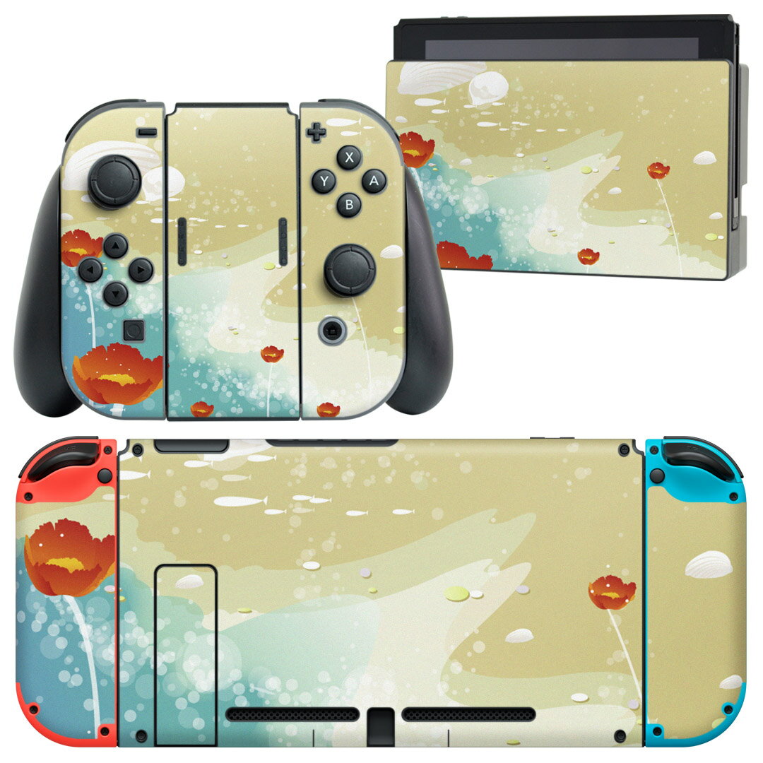 igsticker Nintendo Switch 用 デザインスキンシール 任天堂 ニンテンドー スイッチ 専用 本体ドック Joy-Con Joycon ジョイコン 専用 ゲーム機 カバー アクセサリー フィルム ステッカー 001410 花　海　砂浜　貝