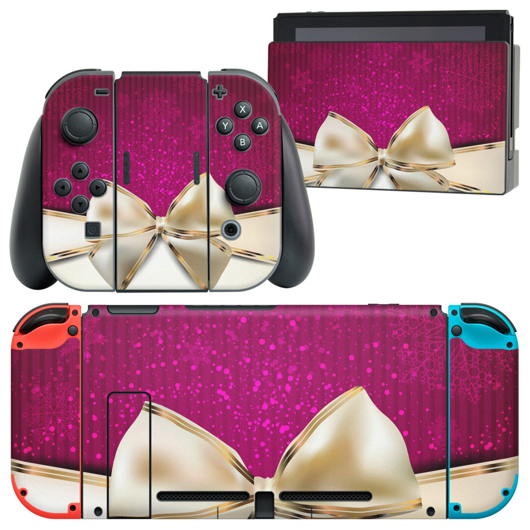igsticker Nintendo Switch 用 デザインスキンシール 任天堂 ニンテンドー スイッチ 専用 本体ドック Joy-Con Joycon ジョイコン 専用 ゲーム機 カバー アクセサリー フィルム ステッカー 001606 リボン 冬
