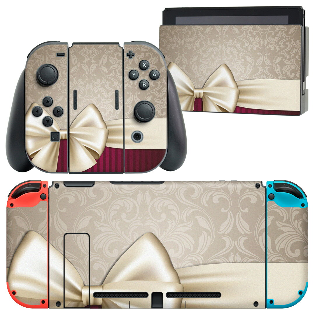 igsticker Nintendo Switch 用 デザインスキンシール 任天堂 ニンテンドー スイッチ 専用 本体ドック Joy-Con Joycon ジョイコン 専用 ゲーム機 カバー アクセサリー フィルム ステッカー 001614 リボン　ペイズリー